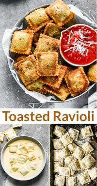 Warm and crispy Toasted Ravioli made from frozen raviolis dipped in egg and breadcrumbs, fried, and served with marinara sauce for dunking. via @betrfromscratch