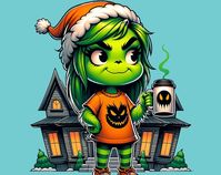 Chibi Female Halloween Grinch Clipart, Holding Spooky Mug, Orange T-shirt, Green Pants, Green Hair - Etsy