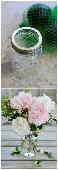 Garden Bouquet Tips and Flower Arranging Hack using something you usually throw away! | homeiswheretheboatis.net #peonies #DIY #recycle