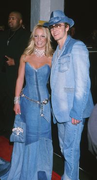 Here is an example of the all denim trend in 2001. Britney Spears and Justin Timberlake sported this look to the VMAs. In the early 2000's the more denim you had on the better. Another detail that was popular on denim was patchwork. You can see on her dress that there is patches that are darker than the overall lighter wash of the denim.     Heather B.