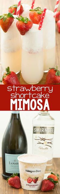 Strawberry Shortcake Mimosa - just three ingredients to the prettiest mimosa recipe ever! This champagne cocktail is perfect for brunch and can be made as a single cocktail or as a punch!