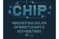 Chip type font, vector alphabet letters, digits and punctuation marks Blue microcircuit glowing abc uppercase characters, fluorescent electric futuristic style signs set isolated on dark background