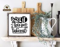 == Fork It Let's Get Take Out Funny Kitchen Sign == Fork It Let's Get Take Out is a hand made rustic farmhouse sign, sure to compliment your living space and earn a few giggles on your decor choice! Perfect for your kitchen wall, kitchen window sill, kitchen tiered tray or at the office! All of our items are made in our home and/or barn workshops. They are cut, sanded, painted and sealed for years of enjoyment. All materials used are top grade quality. This sign comes in 2 styles, perfect to mat