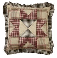 Plymouth Quilted Pillow 16" Filled Compliment the country look of your bedroom or add warmth to your living room when you add this Plymouth Quilted Pillow to your decor. It measures 16x16" and comes filled. You will love the quilted 8-point stars displayed in the center and made from various plaid, check and solid fabrics in barn red, black, and tan with a hint of green. The star is placed on a large plaid background in tan and burgundy and this charming pillow is completed with a black and tan