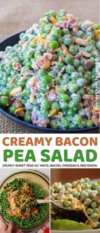 Creamy Bacon Pea Salad with mayonnaise, bacon, cheddar and crunchy sweet peas. The perfect southern summer side dish in just five minutes!