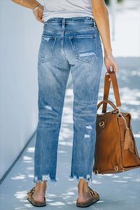 Ripped Raw Hem Zip Fly Mid Rise Straight Leg Jeans