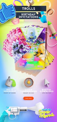 Printable and personalized Trolls World Tour birthday party invitations for your kids party.   #trolls #invitations #birthdayinvitations #kids #partyideas