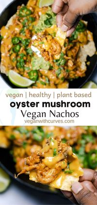 Vegan Oyster Mushroom Nachos are a great plant based version of fajita nachos! This easy nacho dip recipe is healthy and fully plant based. The oyster mushrooms have a meaty chicken texture making these nachos fajita style. Plus the cheese sauce is nut free and gluten free! In just 30 minutes, you will have a vegan appetizer sure to be a major hit!