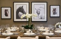 Complete your dining table style with artificial flowers and stunning wall art. The perfect setting for a dinner party