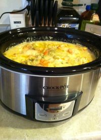 Crockpot chicken and rice. This is so easy.  I put my chicken breast in frozen.  I only had 1 can of cream of chicken so I made up the difference with chicken broth.  Will be making this again.