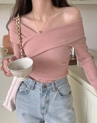 Pink Off-Shoulder Wrap Sweater | Chaeryeong - ITZY - Fashion Chingu