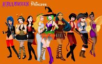 Jasmine [as a rock star], Snow White [as a bee], Mulan [as a vampire], Aurora [as a Greek goddess], Cinderella [as a witch], Pocahontas [as a gladiator], Belle [as a devil], Ariel [as a pirate] & Tiana [as a fairy] (Drawing by HelleeTitch @deviantART) #Aladdin #SnowWhiteAndTheSevenDwarfs #Mulan #SleepingBeauty #Cinderella #Pocahontas #BeautyAndTheBeast #TheLittleMermaid #ThePrincessAndTheFrog #Halloween