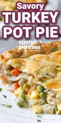 This easy turkey pot pie recipe is loaded with leftover turkey, vegetables, and seasonings. Topped with a homemade or premade crust, this casserole is savory, flavorful, and filling! #turkeypotpie #leftoverturkey #turkeyrecipe #spendwithpennies