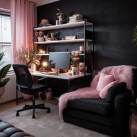 Black and pink home office room interior, black armchair, black desk, pink curtains, pink pillows, cozy barbie and gothic interior