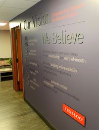 LexBlog, a legal social media networking company, needed a fresh look for their new downtown office space. Working with their vision and beliefs, we created a unique corporate environment that fit within their established brand.Using LexBlog's wide arra…