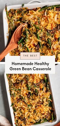 The BEST homemade healthy green bean casserole made with fresh green beans, mushrooms and topped with homemade crunchy onions. Lightened up from traditional versions and perfect for the holidays! #thanksgiving #greenbeans #greenbeancasserole #sidedish