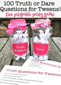 Truth or Dare is the perfect party game for tween or teen sleepover parties. Because sometimes when left to their own imaginations, kids can come up with some pretty "interesting" truth or dare questions that might make a parent cringe!  This game stays away from questions about crushes or anything that might make a teen/tween feel uncomfortable! (Free printable download) #TruthorDare #PartyGames #BirthdayParties #Sleepover #KidsBirthdayPartyGames