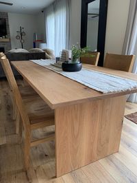 "MADE TO ORDER- Handcrafted solid hardwood panel table. Oak table, simple, sturdy rectangular table having straight lines, overall flush surfaces, and panel legs. The table picture is made of solid white oak hardwood. Table pictured is 36\" x 72\" and 30\" above the floor. 100% of the table is finished with plant-based, hardwax oil wood finish. The oil contains 0% VOC, does not contain any water or solvents. Please note each table will have its own character and will look slightly different in c