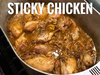 STICKY CHICKEN  4 Yellow Onions 4-5 lbs of Chicken on the Bone Cajun Seasoning Garlic Powder Flour  1 Stick of Butter 2 Cups of Chicken Stock  *optional*  2 Tablespoons of Corn Starch 1/4 Cup Cold Water