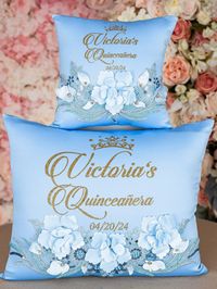 The ideal Light Blue  Quinceanera Pillows set with glitter gold writing for the perfect celebration of remarkable day. The tiara pillow is perfect for showcasing the quinceañera's tiara, while the kneeling pillow is ideal for the ceremony's special moment. Both pillows can be personalized with the quinceañera's name and date, making them truly unique keepsakes. quinceañera theme, quinceañera decoration, quinceañera ideas, sweet 15 party ideas, quinceañera 2024