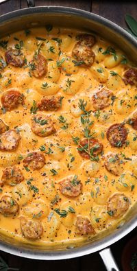 Creamy Butternut Squash Gnocchi with Sausage, Thyme, and Sage is the ultimate Autumn comfort food. This one-pan recipe takes only 40 minutes to make! Simple and quick enough to make on a busy weeknight. Creamy and flavorful to become your family's new favorite Fall dinner!