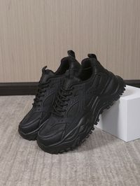 Men's Dad Chunky Sneakers, Lace Up Colorblock Athletic Shoes, Thick Sole Non-Slip Round Toe Sport Shoes, Casual Wear For College Students Black     Plain    Men Shoes, size features are:Bust: ,Length: ,Sleeve Length: