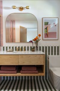 green and white, green and pink bathroom, mid-century modern bathroom