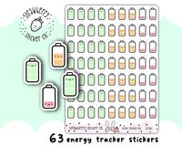 63 Cute Energy Tracker Planner Stickers SSC1043 One cute sheet of 63 kiss cut stickers for keeping track of your energy levels. You can order these as a mixture of energy levels on one sheet (as in the picture) or as a single colour per sheet (red = low energy, orange = medium energy and green = high energy) ♥ SIZING ♥ Sheet measures 5.5" x 4" Sticker size approx 0.4" x 0.6" ♥ PAPER ♥  Printed on premium quality white matt permanent sticker paper ♥ PACKAGING ♥  Sent in waterproof protective pack