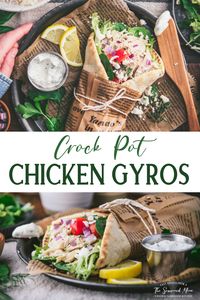 Loaded with plenty of fresh herbs, lemon, garlic, and Mediterranean flavor, these Crock Pot Chicken Gyros are a healthy, 10-minute dinner for your busiest days! The juicy, tender chicken is delicious when stuffed in a pita, piled high on rice, or tossed in a salad. Finish the gyro chicken with tzatziki sauce, hummus, olives, pickled red onions, or any of your other favorite toppings.