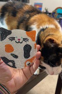 #ad This calico cat diamond painting coaster reminds me of our cat who came up to snuggle me while recording the craft.