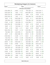 The Multiplying Mixed Integers from -9 to 9 (100 Questions) (A) math worksheet page 2