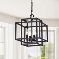 A modern update meets a farmhouse design in this 4-light pendant chandelier. Designed to illuminate your kitchen island or dining room table, this piece is made from steel with crisp lines and an open geometric cage frame with a lantern-like silhouette made from overlapping rectangles. Candle-style sockets suit four 60W candelabra bulbs (sold separately), creating ambient illumination in your space. It's finished with an antique black finish that's easy to pair with your decor. This fixture hang