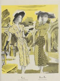 Carven P/E 1946, robe en soirie imprimée de Robert Perrier (à droite Jacques Fath). Illustration de André Delfau.