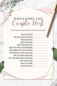 A geometric theme who knows the couple best bachelorette party game. Perfect as a hen party game or bridal shower game for your hen night celebrations! Simply download and print off. #henpartygames #bachelorettepartygames #bridalshowergames #hendogames #whoknowsthecouplebest #printablegames #henpartyideas #hendoideas #drinkinggames