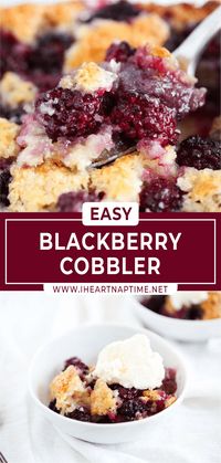 Blackberry cobbler is a classic dessert perfect for serving a crowd. Showcase beautiful fresh berries smothered in a fluffy cake-like topping and serve it hot with a cold scoop of vanilla ice cream!