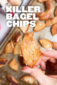 Dave's Killer Bagel Chips  Ingredients:  2 packages Dave’s Killer Bread Plain Awesome® Bagels ¼ cup olive oil 1 tsp. flaky salt  Get the full recipe on our website!