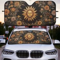 "Cottagecore Sunflower Celestial Sun Car sunshade for windshield cover, Boho Oracle Pagan Window Sun Blocker, Cute car accessories decor ⭐️Car sunshade: * 12.35 Oz. Made from aluminum foil combine with double-layer bubble material. * Protect your car seat from cracking and fading, keeping the interior cool. * Size L Dimensions 56\" x 27.5\".    Size M Dimensions 51\"x22\"   Please check your windshield size to make sure if it fits. *Blocks your car from UV rays and sun damage. *Glitter is a faux glitter print, no real glitter is used in this product. ❣️Please make sure the size is correct, no return due to size problems. Thanks. ⭐️Rubber car coasters .:Sublimation printed Rubber Round Car Coaster 2.56\" diameter(6.5cm) x .22\" (5.5mm).  .:These are perfect for any car, with white Polyester