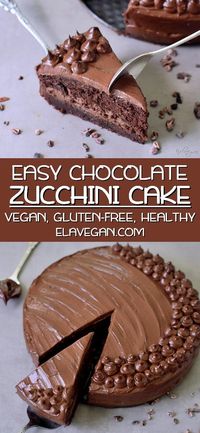 This easy to make gluten free chocolate cake might become your new favorite dessert because it's fudgy, moist, rich, and so chocolaty! It's a delicious vegan chocolate cake that is also perfect for birthdays! The recipe is also dairy-free, egg-free, refined sugar-free, oil-free, and quite healthy because it contains zucchini and sweet potato! #veganchocolatecake #bestveganchocolatecake #chocolatecake #glutenfreechocolatecake #zucchinichocolatecake #elasrecipes | elavegan.com