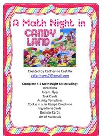 This is a complete math night kit with an awesomely enticing Candy Land theme!  Families will have a great time learning and practicing math with candy!  They will leave with a jar cookie mix to make at home and enjoy together!  Everything you need to organize a great parent involvement night!