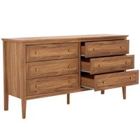 This 6-drawer dresser offers a sleek and modern update to your bedroom. Crafted from engineered wood, it features a horizontal orientation with a rich finish that highlights the organic grains of the wood. The facade is adorned with wooden cladding, adding a contemporary flair, while the black metal legs give it a streamlined look. Each of the six roomy drawers glides smoothly on metal tracks, providing ample space for organizing clothes and linens. The golden metal knobs add a touch of contrast