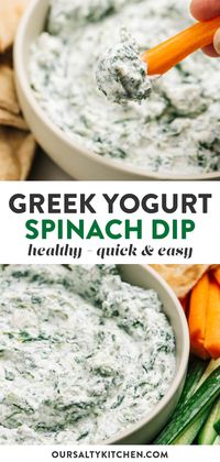 When you get tired of hummus, reach for this healthy spinach dip. With greek yogurt and loads of frozen spinach, it's packed with protein and Vitamin A and the perfect healthy dip for pita bread, crackers, and raw veggies. It's also a terrific sandwich spread with grilled chicken. This copycat dip is so easy to make at home, and the perfect answer to a snack attack any time of day! #snack #vegetarian #healthysnack