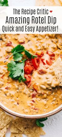 Amazing Rotel Dip is the easiest and most delectable dip for any occasion! Perfectly spiced hamburger, creamy cheese and full flavored Rotel tomatoes combine in this quick appetizer, everyone will love.