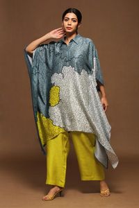 Buy Clos Blue Dupion Silk Printed Kaftan Kurta And Pant Set Online | Aza Fashions