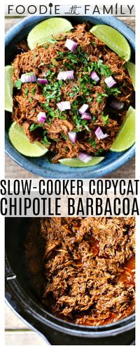 Use your crockpot to make Slow-Cooker Copycat Chipotle Barbacoa {Mexican Barbecue Shredded Beef} Garlicky, tender, shredded beef braised low and slow in a spicy, smoky, flavourful barbecue sauce for flavourful, versatile meals!  via @foodiewithfam