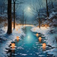 "A sparkling frozen lake surrounded by snow-laden trees, with glowing lanterns placed along a frosty path