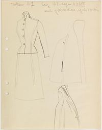 Carven A/H 1956-57 "Ondée", tailleur et cape en gabardine de laine grise. Croquis d'atelier de la Maison.