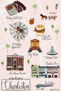 Map illustraiton of Charleston, South Carolina. City, simple design, hand drawn, travel art, travel illustration, calligraphy. Illustrator, illustration for editorial, publishing. #mapillustration #illustratedmap