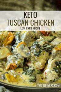 This Tuscan Chicken recipe is creamy, garlicky, comforting chicken perfection! It's one of those dishes that you won't be able to stop eating, and it's low carb as well so you don't have to feel guilty for doing so!