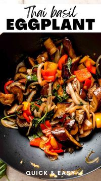 This spicy, vegetarian Thai basil eggplant recipe is easy to make and features stir fried eggplant and veggies in a sweet and sticky sauce.