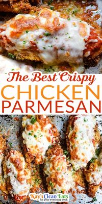 This Crispy Chicken Parmesan is the best! It is so crispy and covered in marinara sauce and melty mozzerla cheese. This chicken parmesan is pan-fried then oven-baked for seriously the best chicken parmesan! It never comes out soggy and truly is so delicious. Did you know that this is one of the most order chicken dishes in the world?! Rightfully so it always hits the spot and the kids also love it. My family loves this dish... | @kayscleaneats